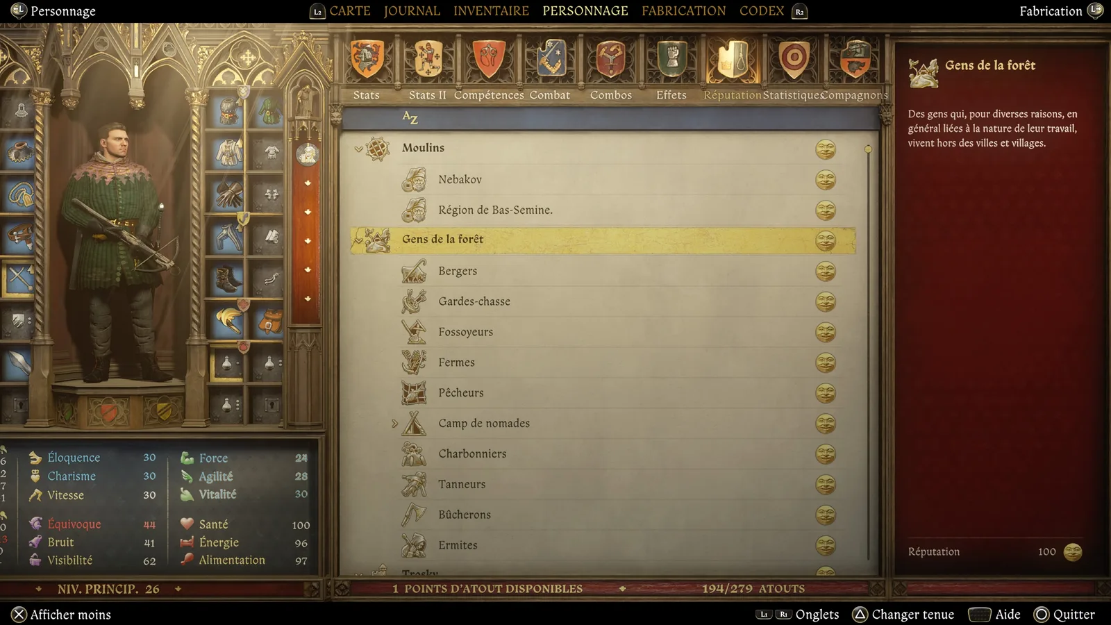 KCD2 Reputation menu showing settlement and group rows