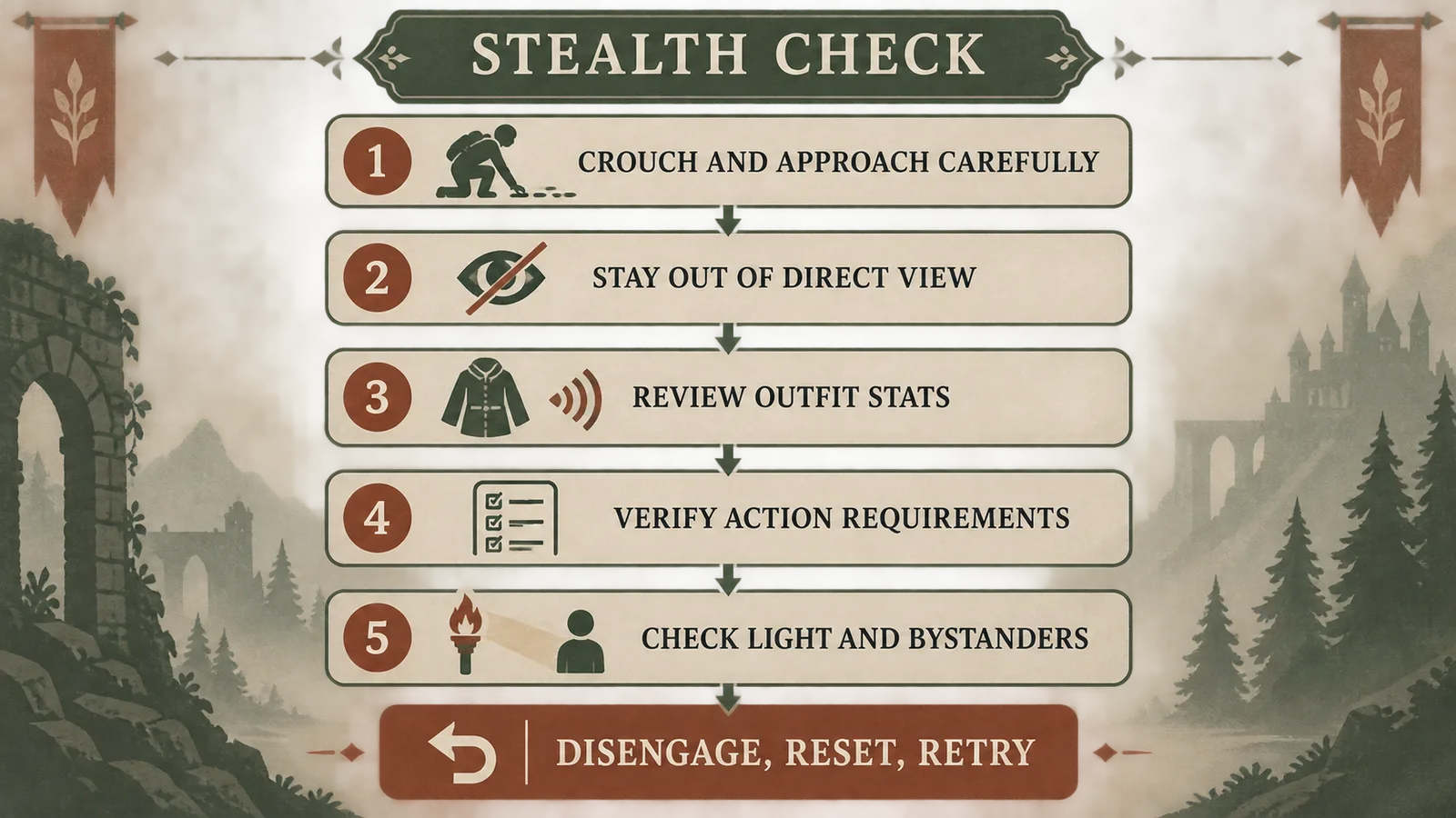 KCD2 stealth troubleshooting flow for approach, outfit, requirements, light, and witnesses